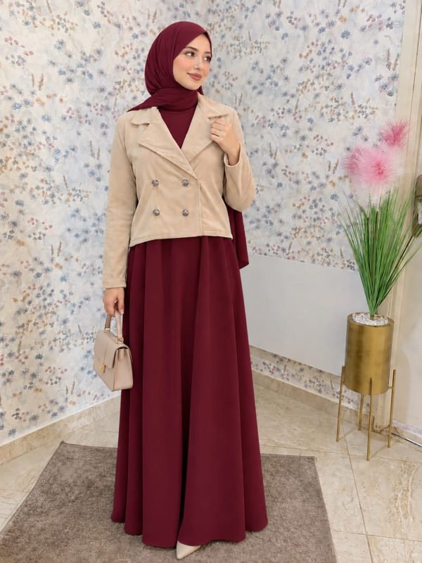 Ensemble Abaya Élégant avec Veste en Katifa & Foulard Offert