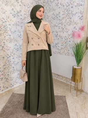 Ensemble Abaya Élégant avec Veste en Katifa & Foulard Offert