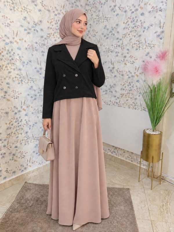 Ensemble Abaya Élégant avec Veste en Katifa & Foulard Offert